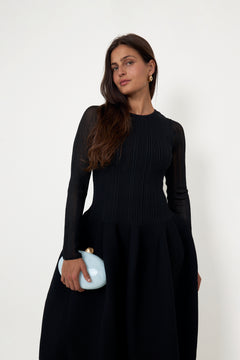 Elona Voluminous Skirt Knitted Midi Dress - Black