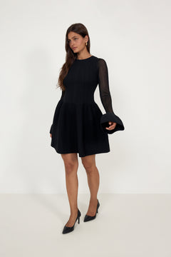 Elona Voluminous Skirt Knitted Mini Dress - Black