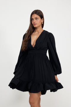 Jadie V-Neck Ruffled Mini Dress - Black