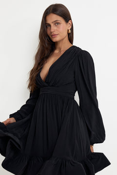Jadie V-Neck Ruffled Mini Dress - Black