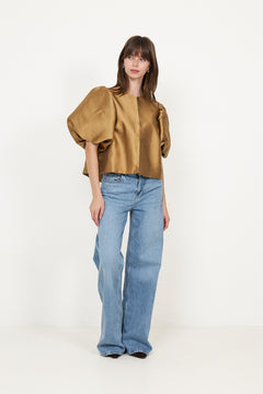 Cleo Puff-Sleeve Satin Blouse - Camel