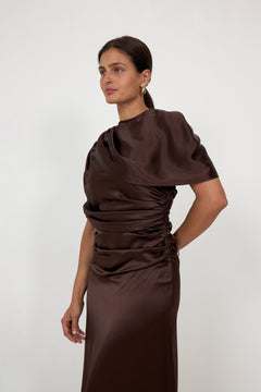 Cassia Draped Fitted Maxi Dress - Dark Brown