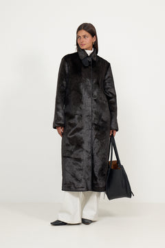 Phoebe Faux Pony Hair Long Coat - Black