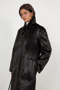 Phoebe Faux Pony Hair Long Coat - Black