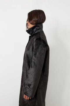 Phoebe Faux Pony Hair Long Coat - Black