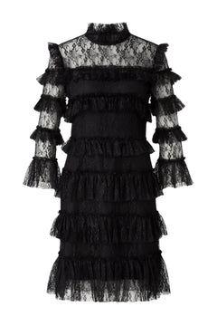 Carmine Frill Lace Mini Dress - Black