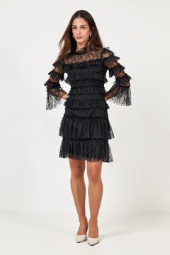 Carmine Frill Lace Mini Dress - Black