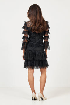 Carmine Frill Lace Mini Dress - Black