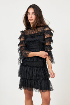 Carmine Frill Lace Mini Dress - Black