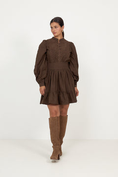 Winter Cotton Mini Dress - Brown
