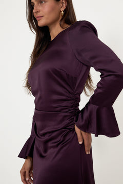 Satin Rouching Dress - Burgundy
