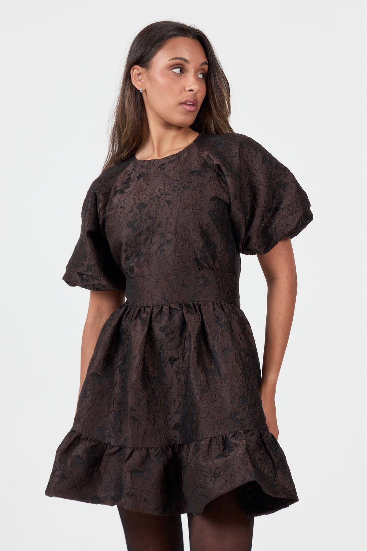 Svanhild Brocade Mini Dress - Dark Brown