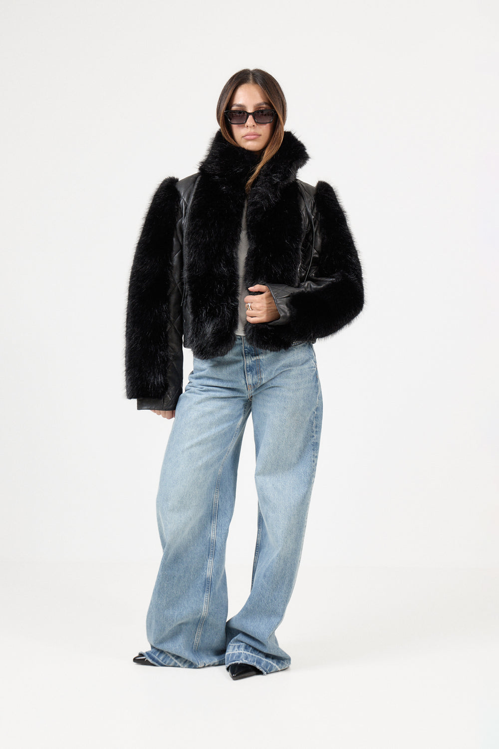 Faux Fur Leather  Jacket - Black
