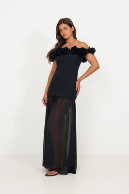 Crepe Maxi Flower Dress - Black