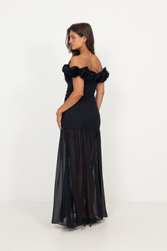 Crepe Maxi Flower Dress - Black