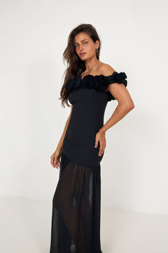 Crepe Maxi Flower Dress - Black