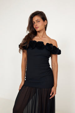 Crepe Maxi Flower Dress - Black