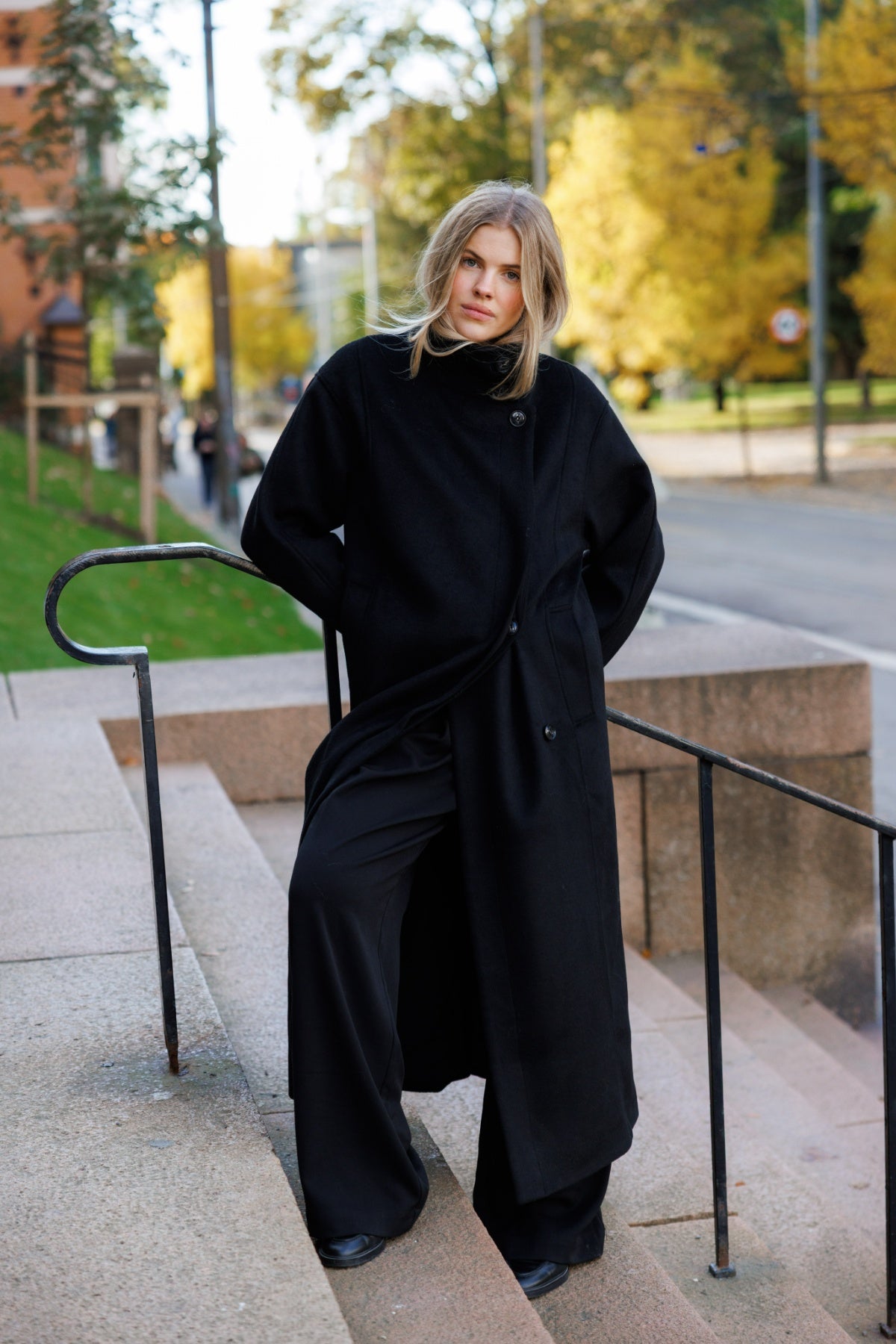 Caroline Wool Funnel Coat - Black