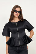 Duchesse Satin Peplum Zip Blus - Svart