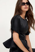 Duchesse Satin Peplum Zip Blus - Svart