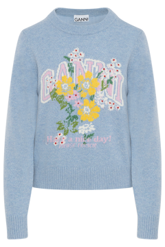 Graphic Wool Sweater Flowers - Blue Bonnet