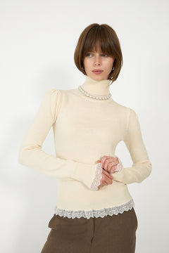 Merino Turtleneck W Lace Details - Egret
