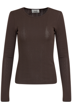 Perle Cotton Pointelle Ls Top - Dark Brown