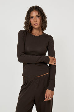 Perle Cotton Pointelle Ls Top - Dark Brown