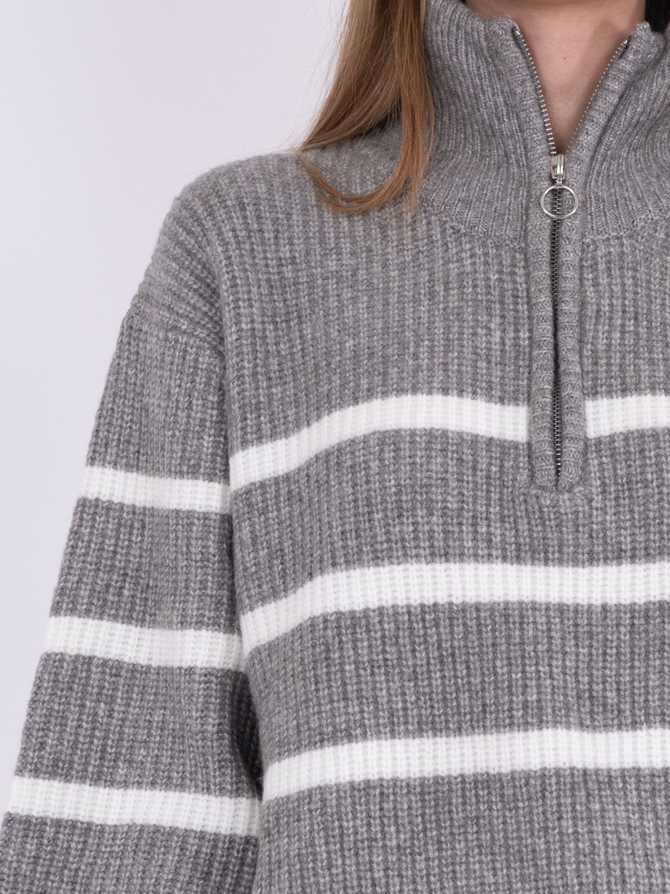 Nevena Stripe Knit Blouse - Dark Grey/Off White