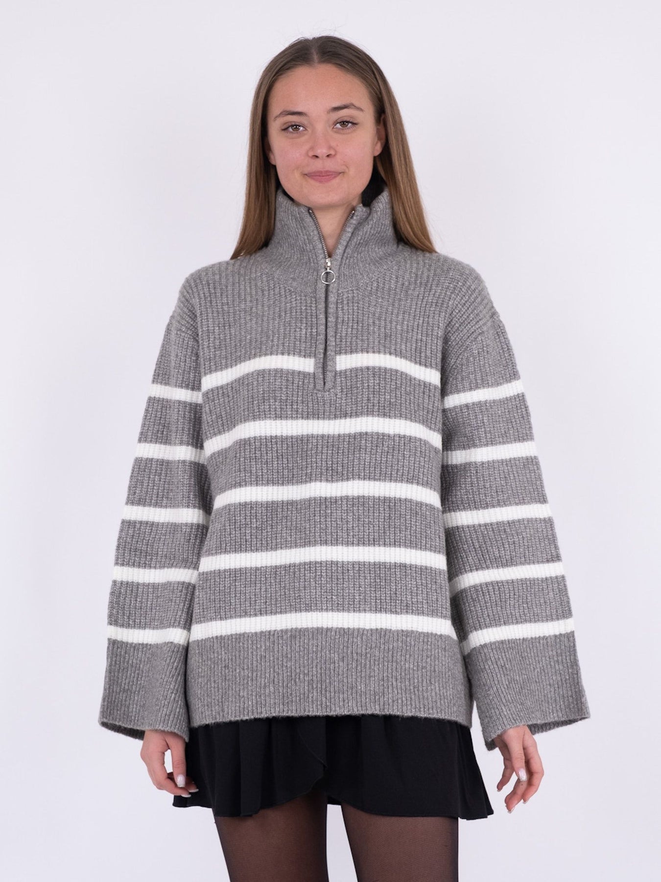 Nevena Stripe Knit Blouse - Dark Grey/Off White