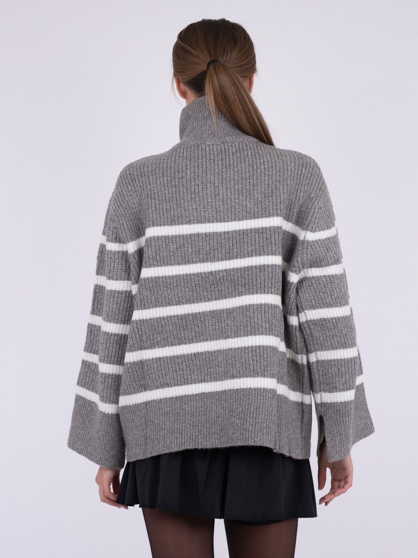 Nevena Stripe Knit Blouse - Dark Grey/Off White