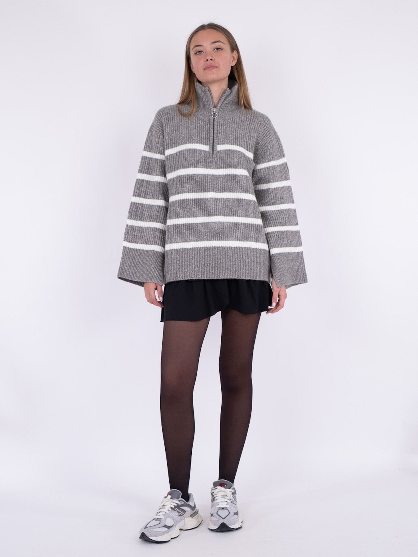 Nevena Stripe Knit Blouse - Dark Grey/Off White