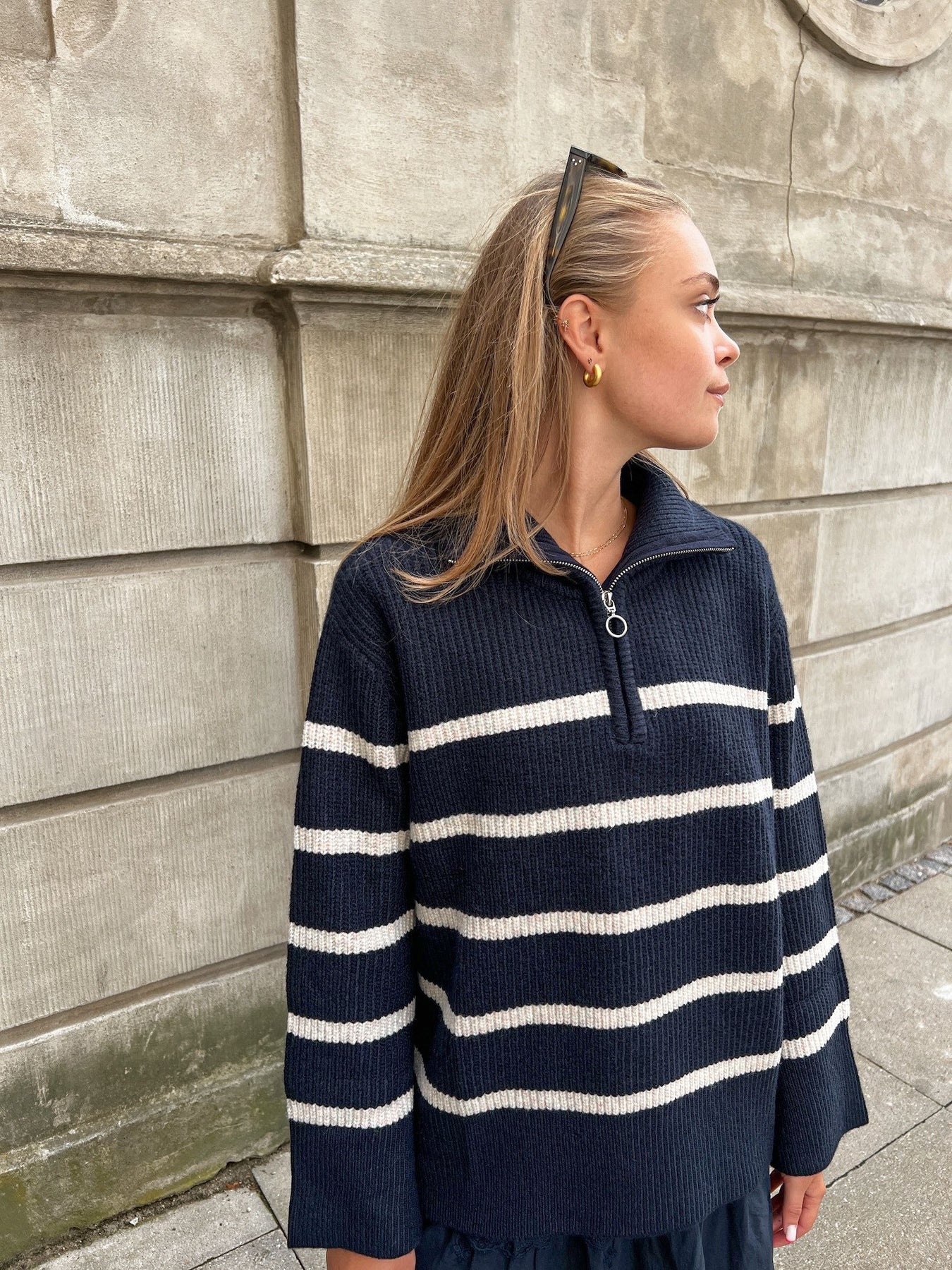 Nevena Stripe Knit Blouse - Navy/Sand