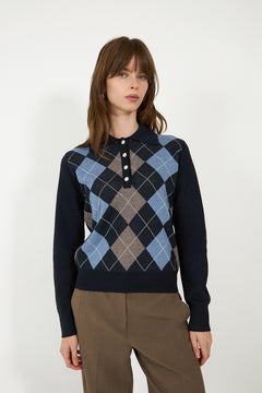 Julina Check Knit Blouse - Navy