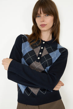 Julina Check Knit Blouse - Navy