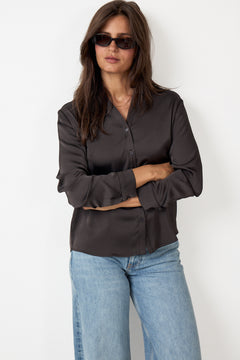 Hazelle Drapy Satin Shirt - Dark Brown