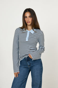 Fannya Ls Striped Knit Polo - Light Blue Stripe