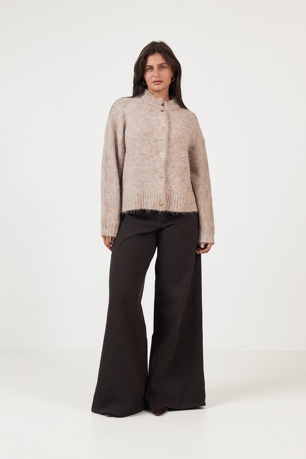 Taura Fluffy Knit Cardigan - Beige Melange