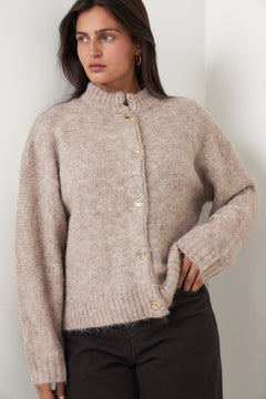 Taura Fluffy Knit Cardigan - Beige Melange