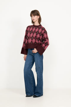 Kick Check Knit Blouse - Wine