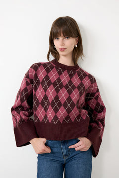 Kick Check Knit Blouse - Wine