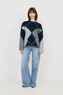 Inga Check Fluff Knit Blouse - Navy