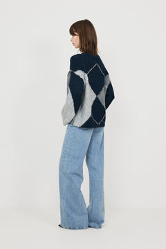 Inga Check Fluff Knit Blouse - Navy