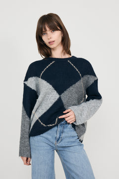 Inga Check Fluff Knit Blouse - Navy