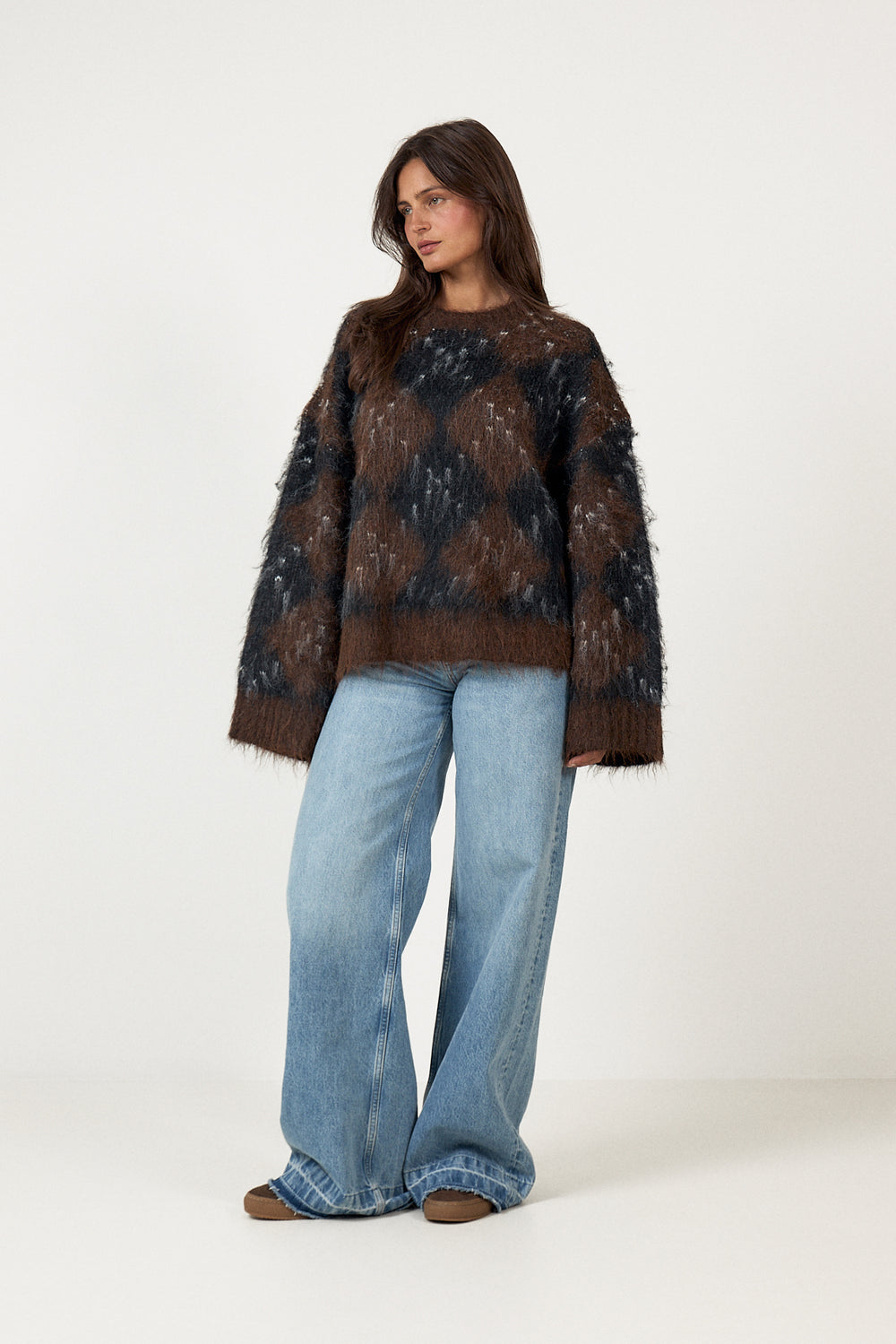 Roeme Check Fluffy Knit Blouse - Dark Brown