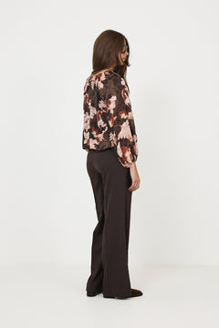 Masoniw Balloon Blouse - Brown W Pink Fall Leaves