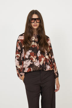 Masoniw Balloon Blouse - Brown W Pink Fall Leaves