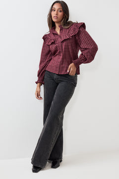 Dagny Checked Ruffle Blouse - Bordeaux