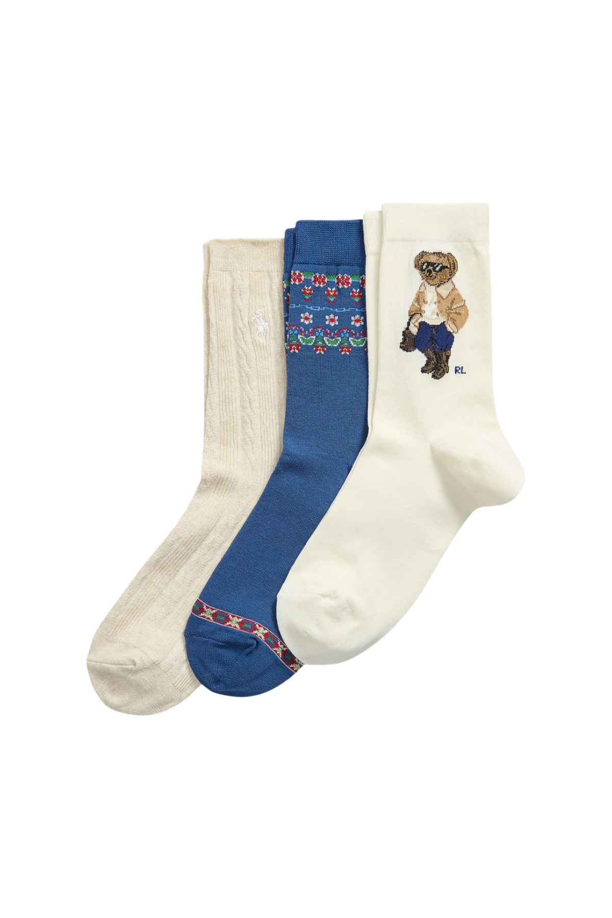 3 Pk Winter Polo Bear Crew Socks - Ivory