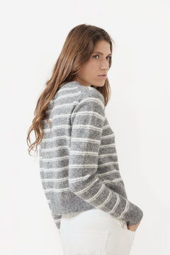 Mina Wool Stripe Cardigan - Grey